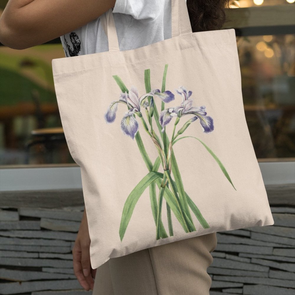 Harlequin Blueflag Iris Vintage Watercolor Floral Print Graphic Canvas Tote Bag